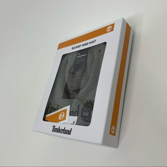 Timberland Gray Matching Beanie Hat & Scarf Set Spellout Brand New In Box Nwt - Picture 2 of 7